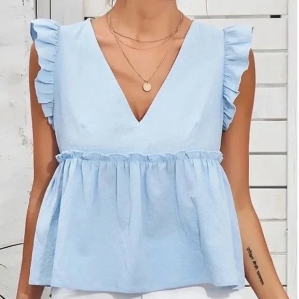 Zara TRF Light Blue Ruffle Sleeve Peplum Blouse Baby Doll, V-Neck, Size L